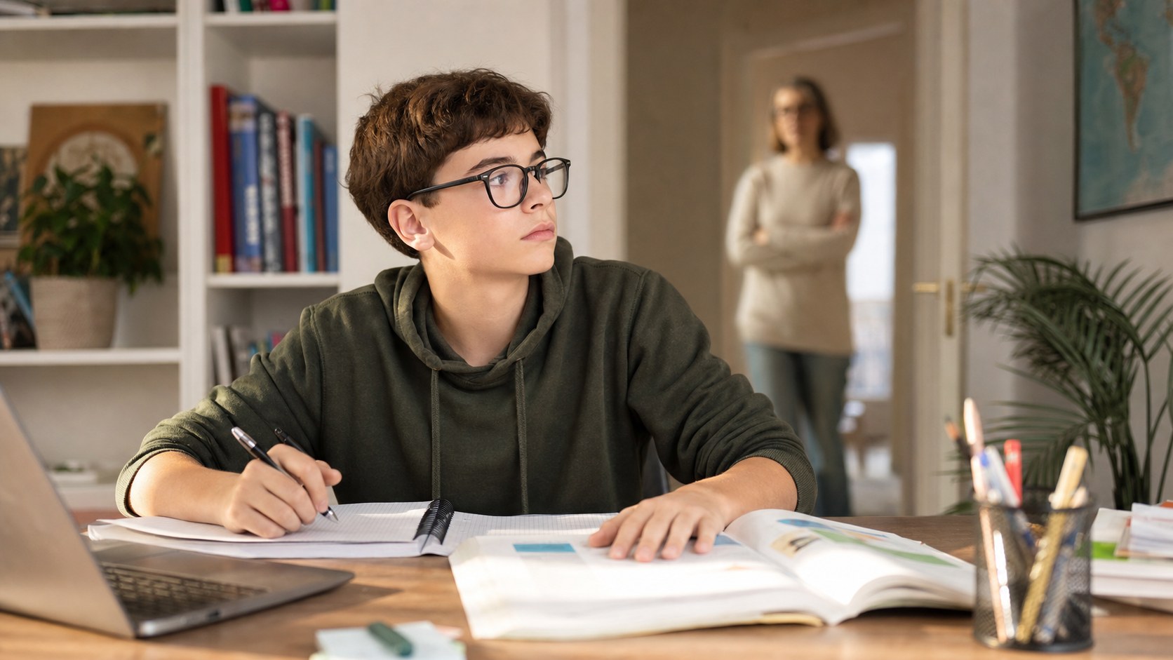 Studente delle medie con occhiali distoglie lo sguardo da libro e computer durante lo studio