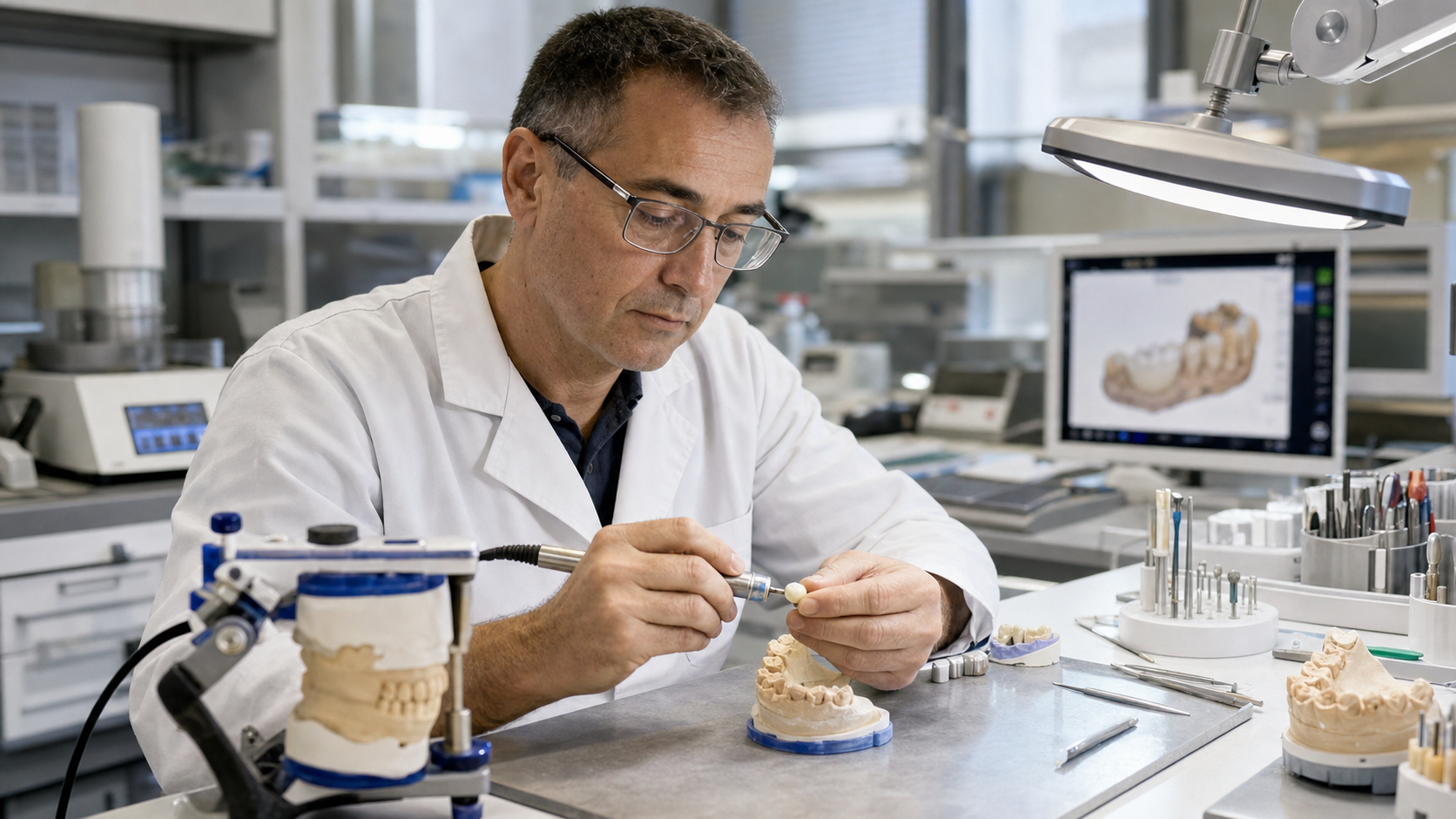 Odontotecnico con occhiali correttivi che rifinisce una corona dentale al banco di laboratorio