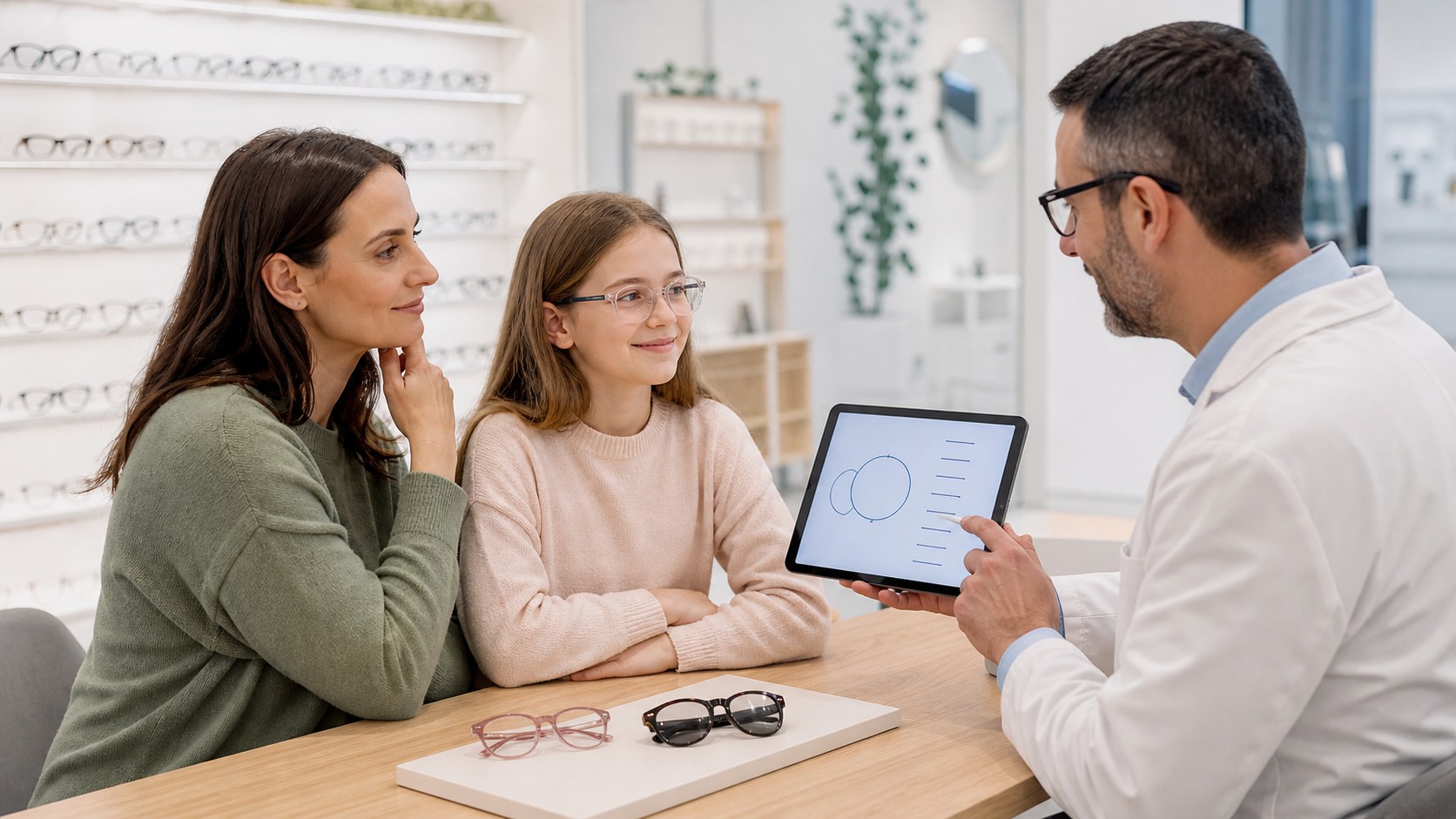 Optometrista spiega a madre e figlia con occhiali le opzioni di controllo della miopia