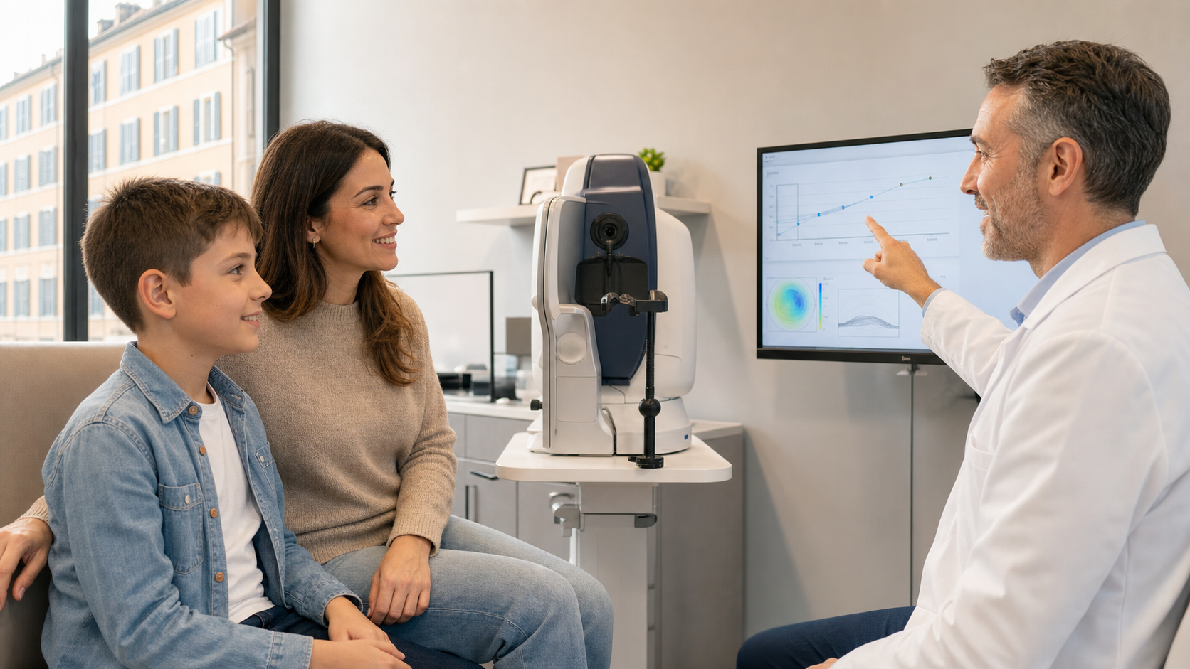 Optometrista mostra a madre e figlio il grafico del follow-up della miopia