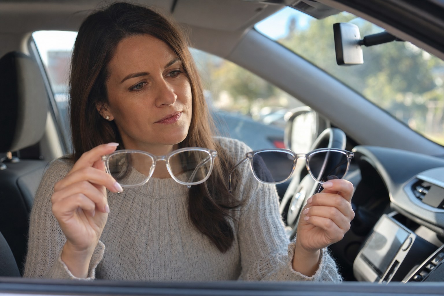 Donna in auto confronta una lente fotocromatica chiara e una lente da guida più scura