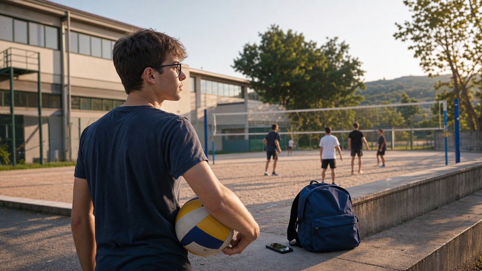 Adolescente con occhiali osserva il campo da pallavolo tenendo la palla dopo la scuola