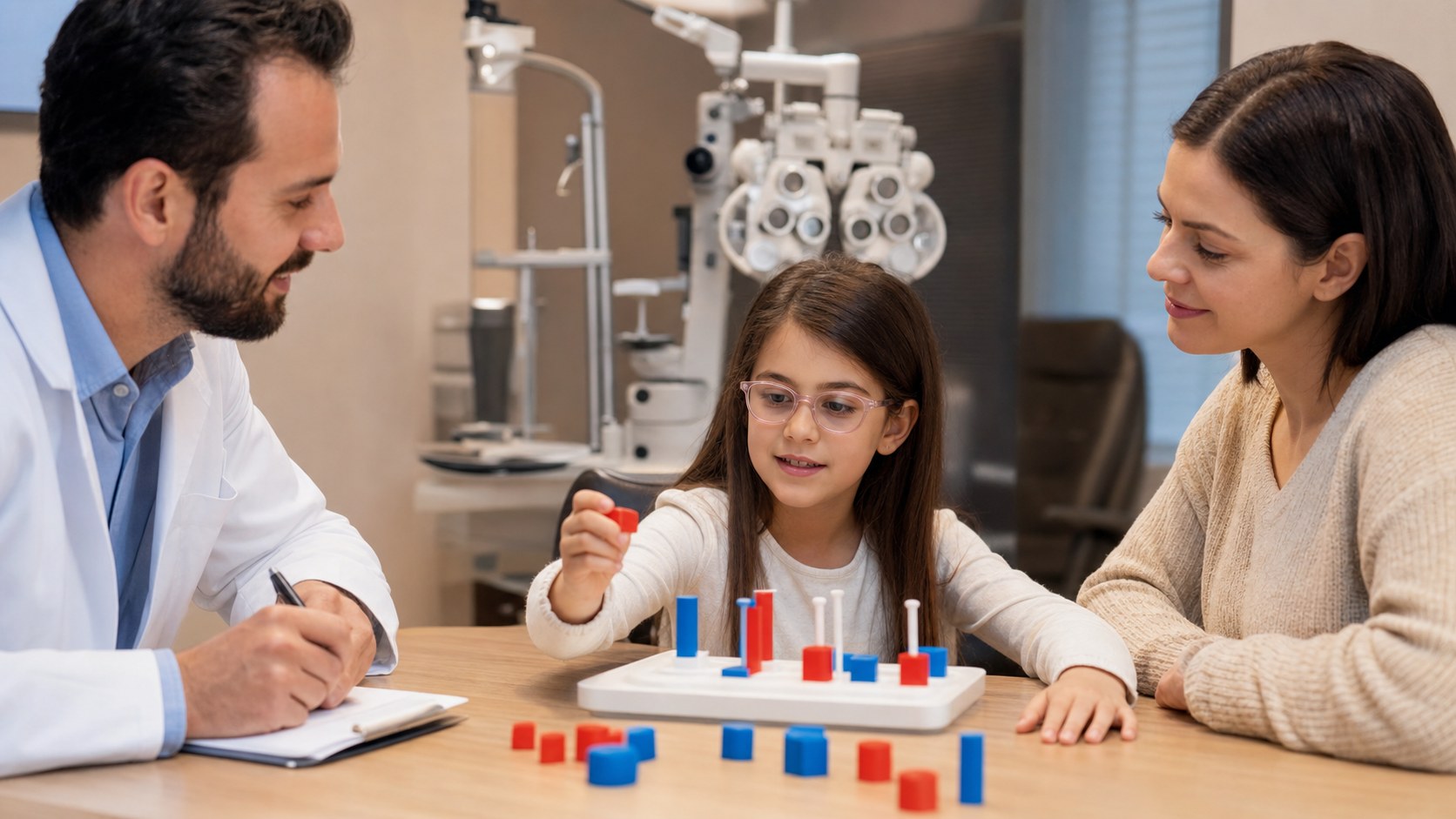 Bambina con occhiali svolge un compito binoculare insieme all'optometrista con la madre presente