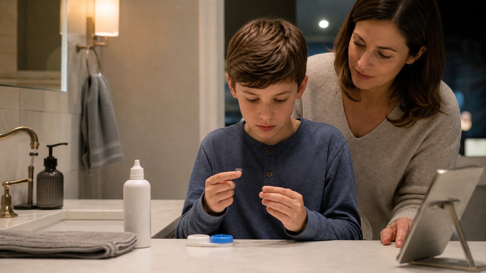 Madre supervisiona il figlio mentre prepara una lente ortocheratologica per la notte