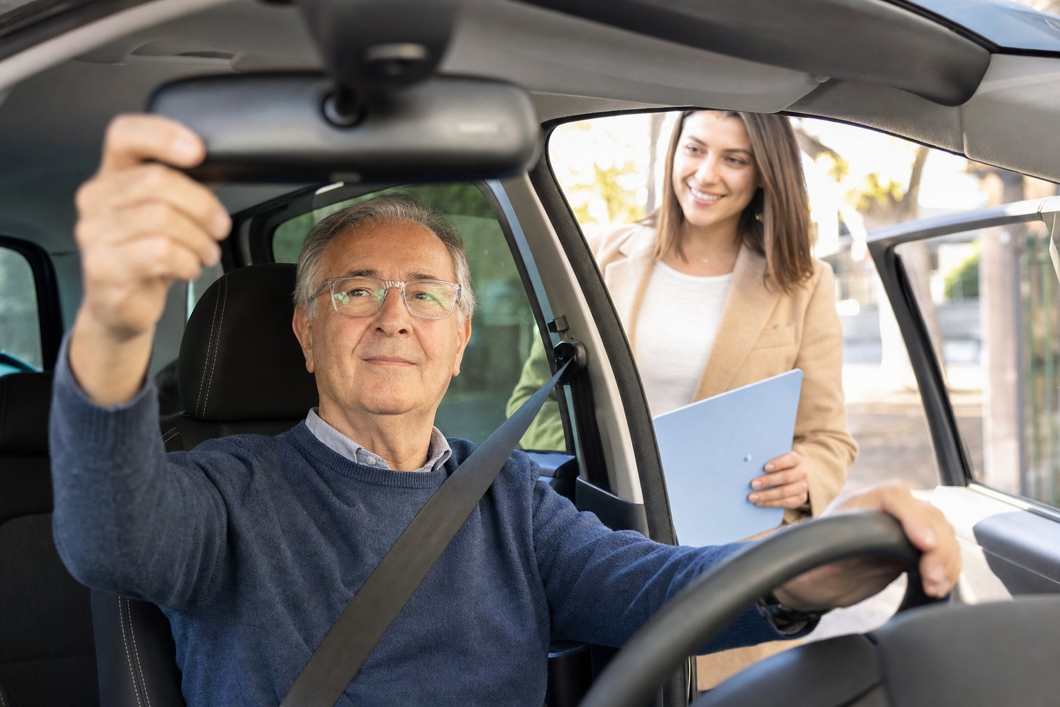 Conducente over 70 con occhiali regola lo specchietto prima di partire