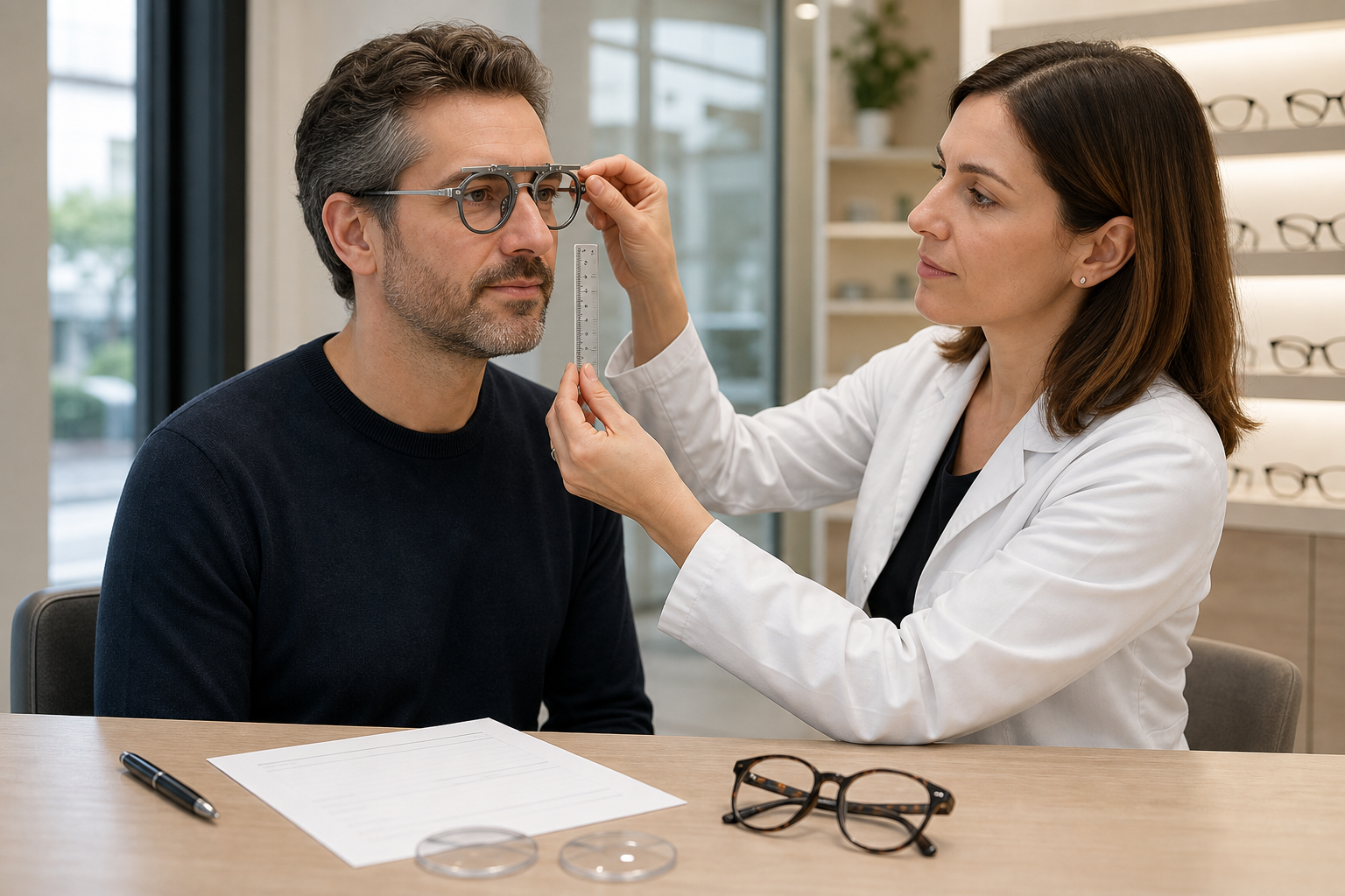 Professionista misura la posizione della montatura sul viso di un cliente