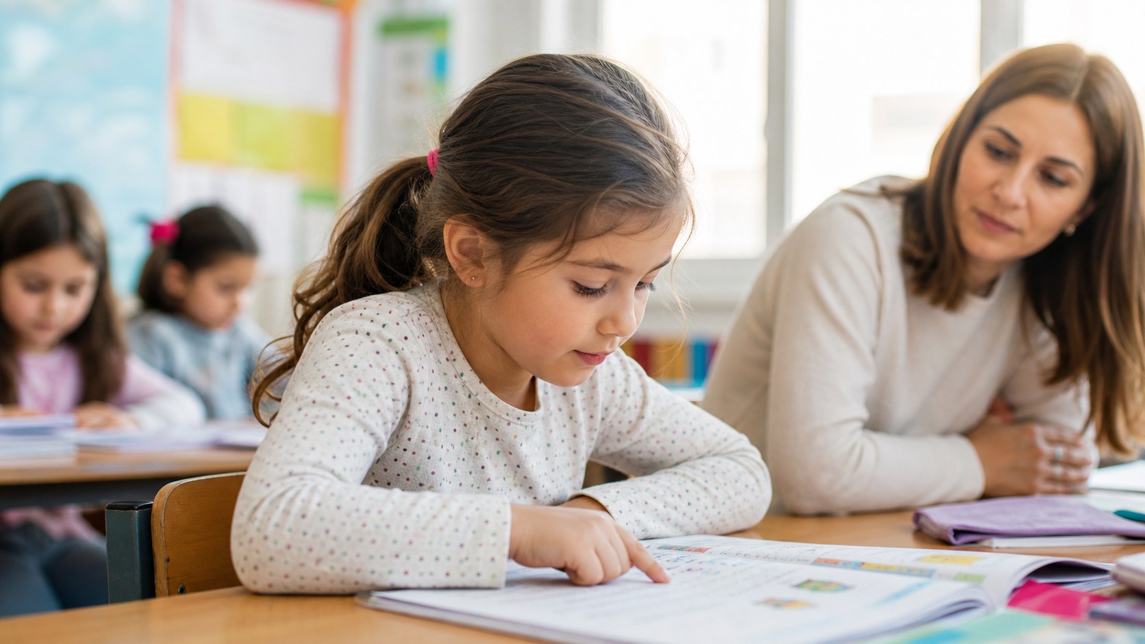 Bambina di prima elementare segue con il dito una riga nel libro mentre l'insegnante osserva