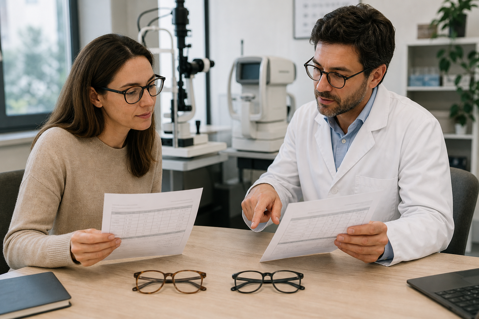 Paziente e optometrista confrontano due prescrizioni e due paia di occhiali