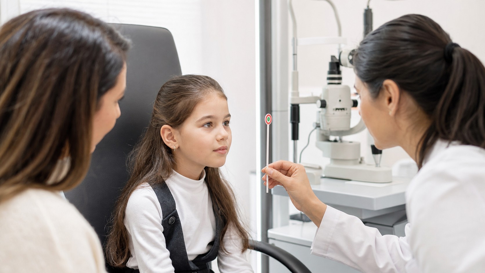 Oculista controlla l'allineamento degli occhi di una bambina con la madre presente