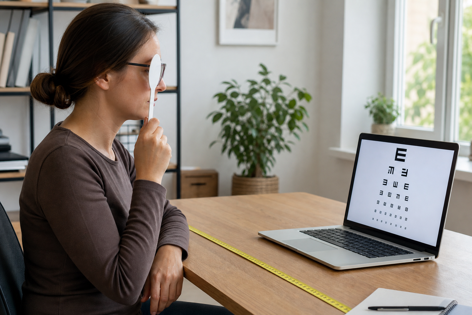 Donna esegue un test visivo online coprendo un occhio davanti al laptop