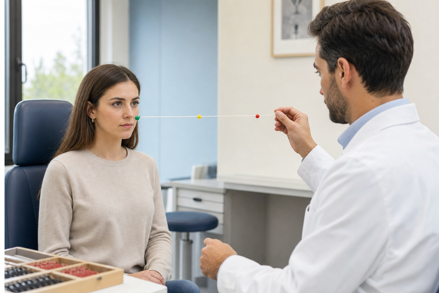 Optometrista guida un adulto in un esercizio con la corda di Brock